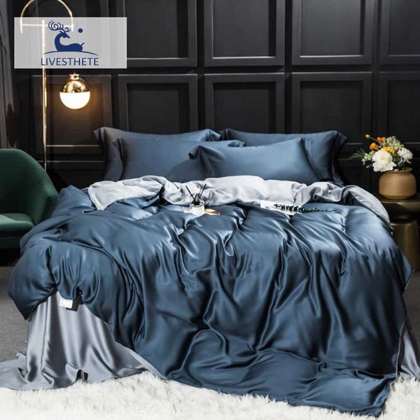 Conjuntos de cama LivEsthete Luxury 100 Silk Blue Grey Conjunto de cama Beauty Best For Skin Care Queen King Quilt Cover case Conjunto de roupa de cama Z0612