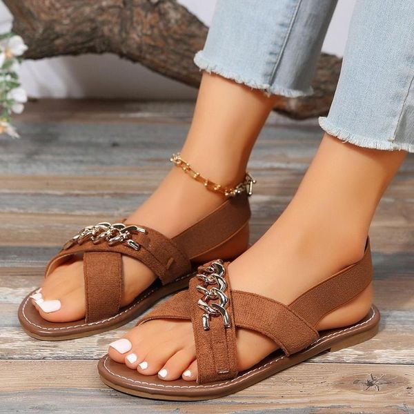 Sandalen Sommer Damen Leichte Metallkette Dekor Flache Hausschuhe Offene Spitze Mesh Elastisch Lässig Schnalle Gürtel Outdoor