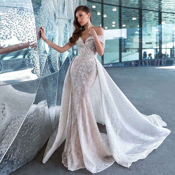 Off Schulterspitze Bling Farkly Meerjungfrau Hochzeitskleid mit abnehmbarem Langzug mit Hochzeitsbrautkleid gekleidet