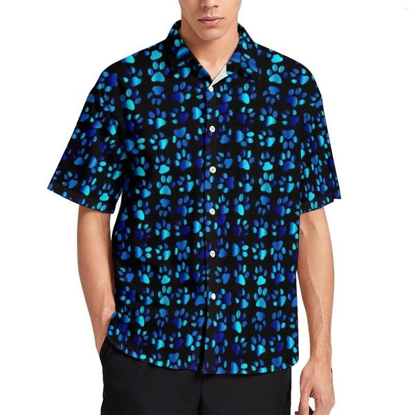 Camisas casuais masculinas Blue Dog Paws Camisa solta Men Vacation Cute Animal Print Havaí Blusas retrô oversize personalizadas de manga curta