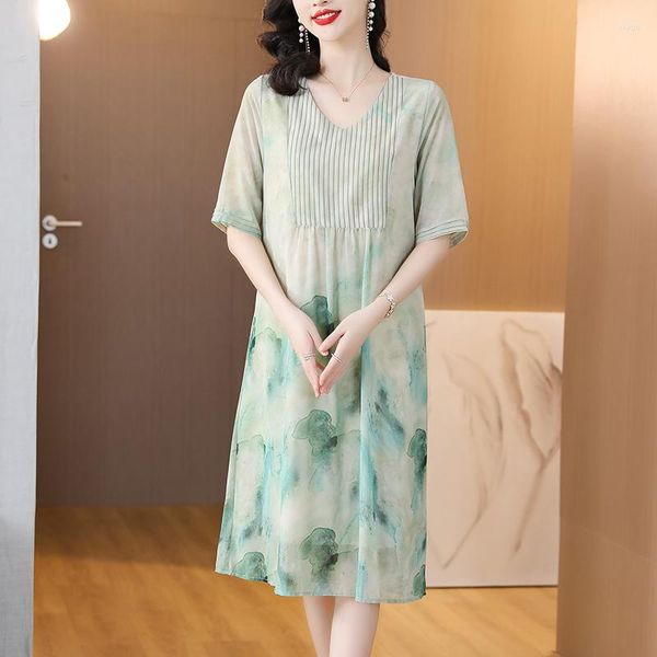 Vestidos casuais em 2023 The Mother Dress Summer Style Temperament Chiffon Age Reduction Saia Middle and Old Large Size