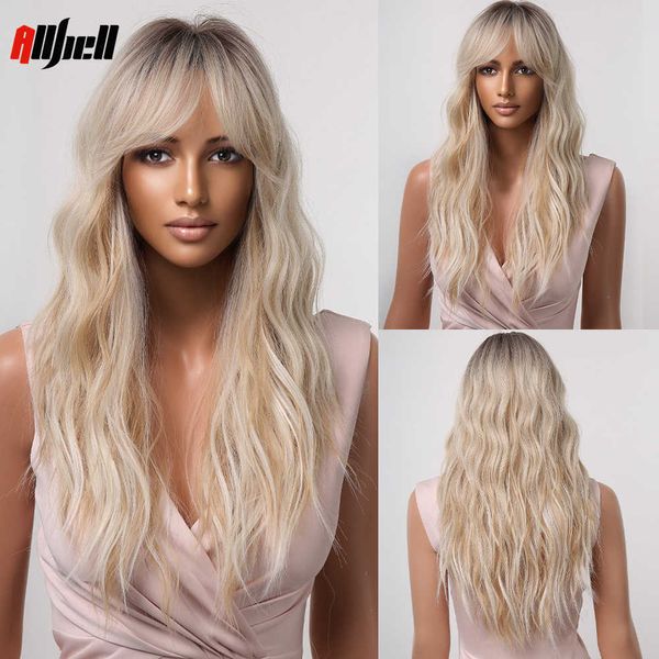 Perucas de renda longa onda ombre loira perucas com franja para mulheres negras naturais onduladas peruca de casamento diário cosplay natural cabelo feminino resistente ao calor z0613