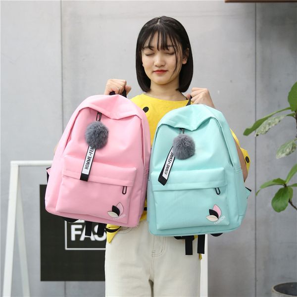 Mochilas Coreana Nylon Casual Mochila Feminina Lona Sacos de Livro Estilo Preppy Volta Escolar para Meninas Adolescentes Bola de Pele Saco de Brinquedo 230613