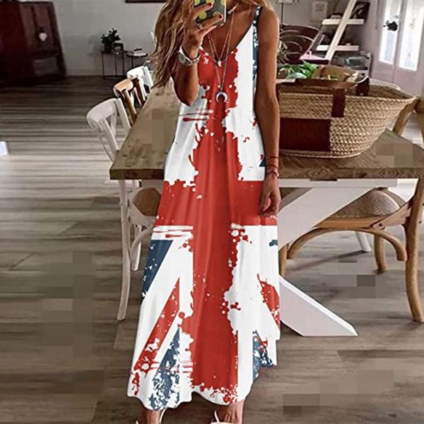 Abiti casual Donna Sexy scollo a V lungo vintage 4 luglio Boho Dress senza maniche Flag Tank Maxi Summet Sundress Vestidos Robe Beach Holiday