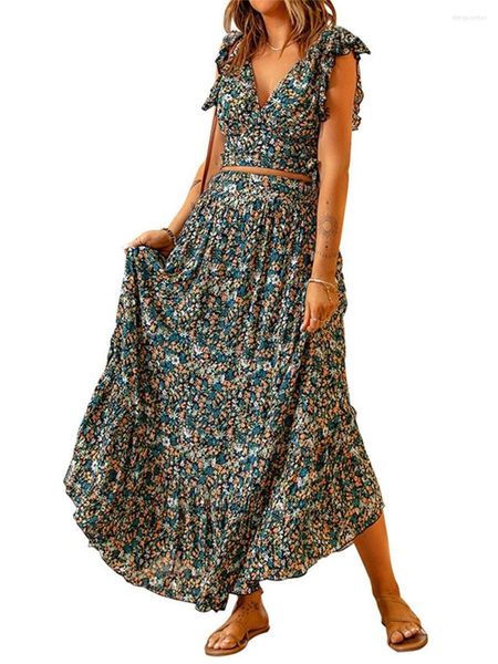 İki parçalı elbise çiçek elbiseleri kadınlar için baskılı v boyun fırfırlı kolsuz yaz etekler 2pcs set 2023 maxi boho sundresses seksi (sarı