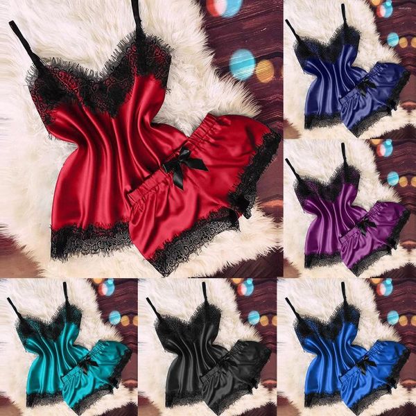 Kadın pijama dantel pijama şort kadınlar v yaka seksi kamisole bowknot ve iç çamaşırı Set Sevgililer Günü Elbise