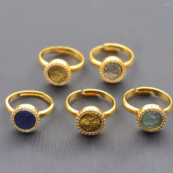 Alyans doğal kristal druzy parmak yüzüğü cazibesi zirkon yuvarlak abartılı altın kaplama mineralleri geode mücevher taşları kadınlar için