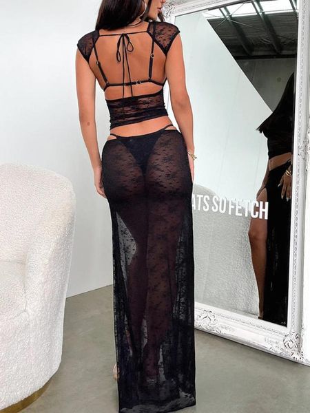 Conjunto de roupa de banho feminina 2 peças maxi saia para mulheres sem alças top de malha transparente cintura alta Y2k Duas roupas streetwear (I preto L)