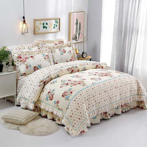 Set di biancheria da letto Shabby Pink Floral Elegant Korea Style Ruffles Copripiumino Set di lenzuola 4 pezzi Queen King size Pink 100Cotton Girls Set di biancheria da letto Z0612