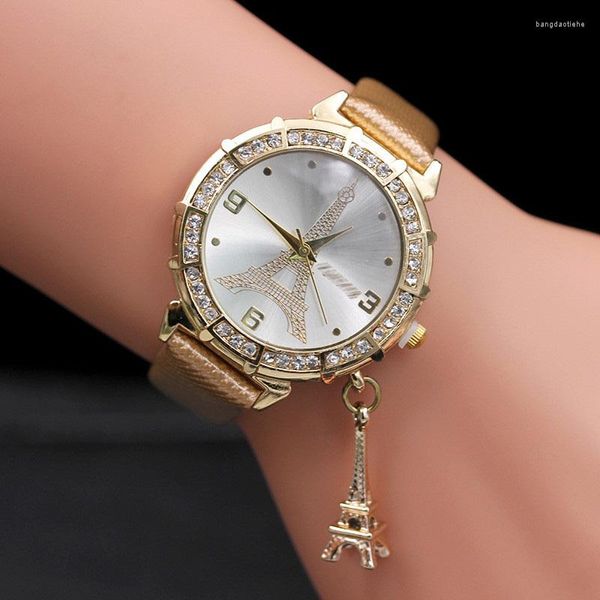 Нарученные часы мода Paris Eiffel Tower Watch Women Women Thates Gold Leather Band Quartz Ladies Relogio Feminino