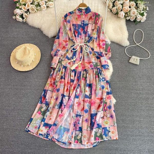 Abiti casual Moda donna Stampa floreale Chiffon allentato Lungo Lady Lantern Sleeve Bohemian Flowy High Street Dress Elbise Robes