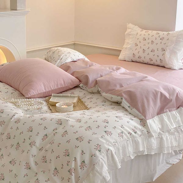 Conjuntos de cama Conjunto de cama de renda com babados Dobby Print conjunto de cama queen de algodão suave floral lençóis de cama simples capa de edredão roupa de cama princesa Z0612