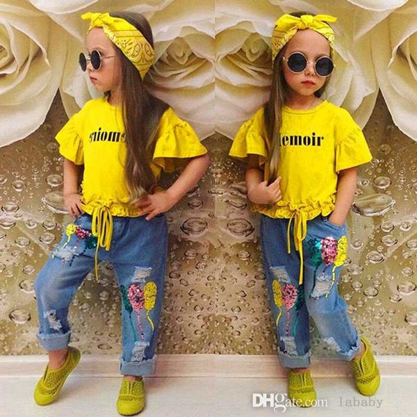 Yürümeye Başlayan Trailtsuits Bebek Kız Çocuk Kıyafetleri Set Baskılı Üst Tişört Deliği Denim Şortlar+ Yay Head Bandı Giysileri Setleri 2023 Yaz Kıyafetleri 3 PCS Setleri