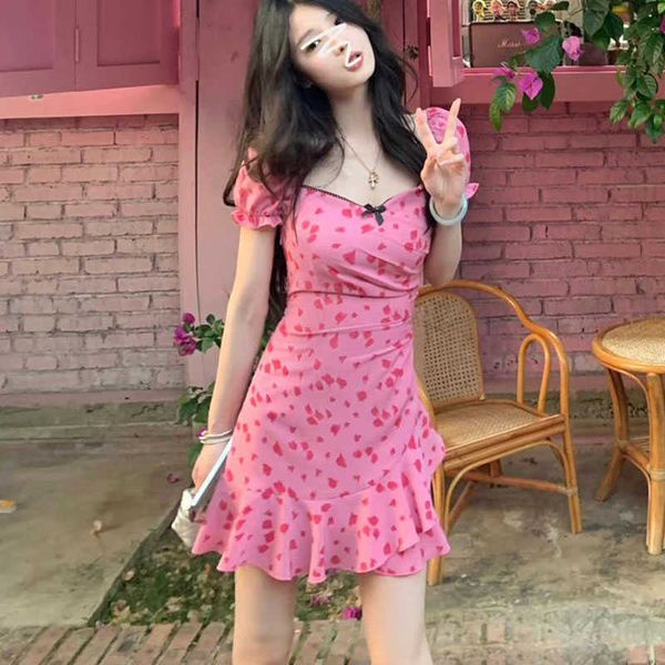 Casual Kleider Sommer Druck Floral Puff Sleeve Chiffon Kleider Frauen Koreanische Rüschen Bogen Quadrat Kragen Mini Kleid Sexy Dünne Kurze kleid Frau Z0612