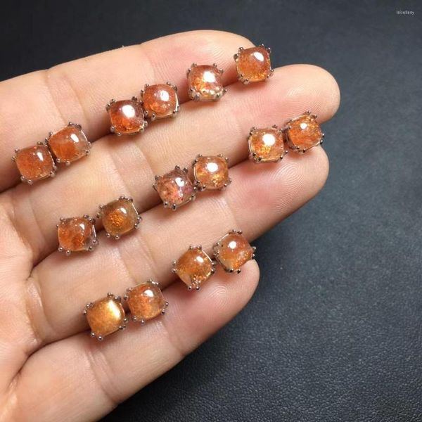 Серьги с грибами 1 пара Fengbaowu Natural Stone Gold Sunstone Square Cabochon Sergring Ear 925 Серебряный серебряный хрустальный подарки моды