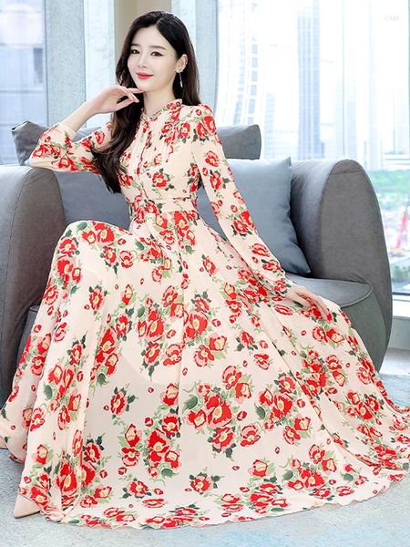 Casual Kleider Frühling Frauen Kleidung Dreeses Langarm Strand Midi Kleid Elegante 2023 Chiffon Party Abend Koreanische Mode Prom Floral