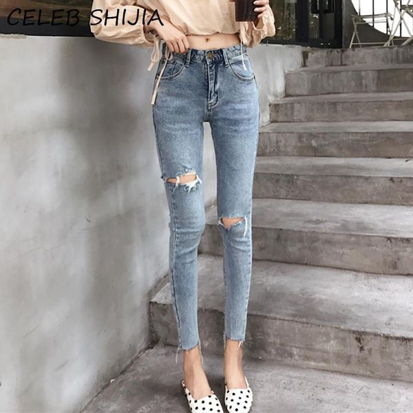 Jeans Shijia Jeans skinny elastici a vita alta Jeans a matita in denim strappato con foro Donna Fondo vintage azzurro femminile Femme Chic 2023