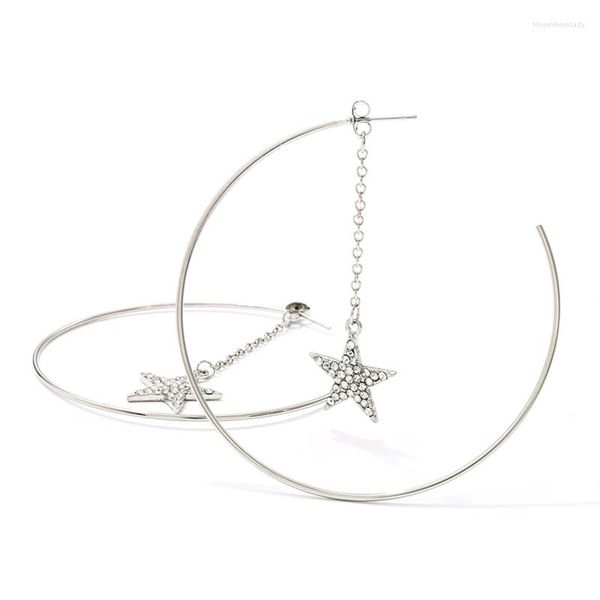 Brincos pendentes com strass, corrente de estrela, joias geométricas, linha de cinco pontas, círculo de cor dourada para mulheres