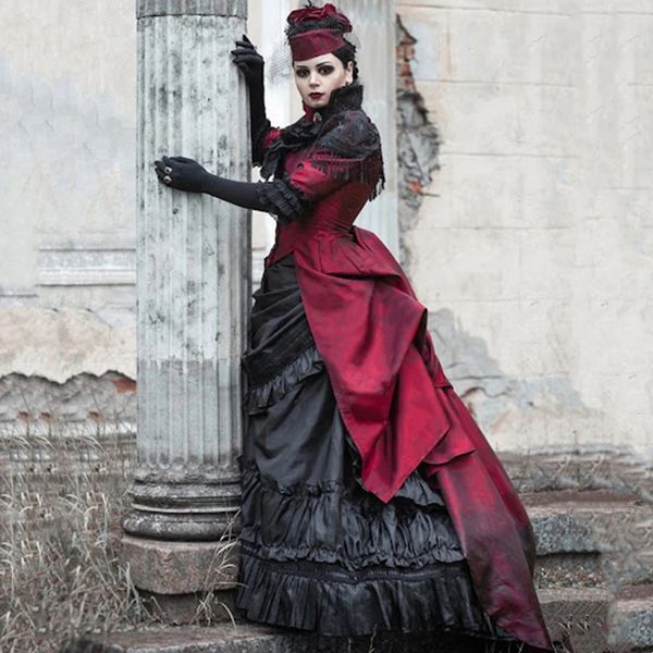 Abito da sposa in stile vittoriano gotico Abiti medievali steampunk neri e rosso scuro per donna Vestido con collo alto increspato 2023