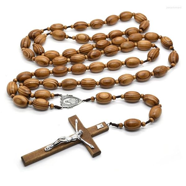 Collane con ciondolo QIGO Big Wall Rosary Wood Beads Strand Long Cross Collana Gioielli religiosi cattolici