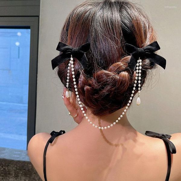 Grampos de cabelo de veludo arco pérolas corrente presilhas grampos de cabelo para mulheres strass primavera fita acessórios para cabeça