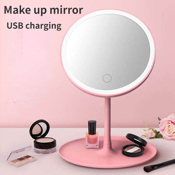 Kompaktspiegel, modischer rosa Make-up-Spiegel, stehend, 5-fach, 10-fach vergrößernd, Kosmetikspiegel mit LED-Licht, Desktop, weißer Kosmetiktisch 230613