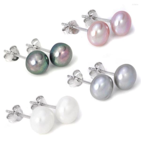 Orecchini a bottone in argento sterling 925 8-8,5 mm vera perla d'acqua dolce bianco grigio nero viola naturale per 1 paio