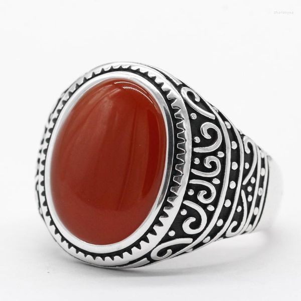 Anelli a grappolo Anello da uomo con pietra di agata rossa Vero argento sterling 925 Pietra preziosa ovale Maschile Squisito intaglio Regalo di gioielli antichi