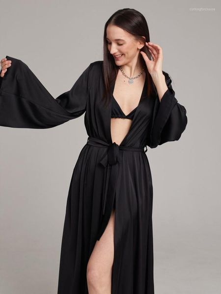 Damen-Nachtwäsche Hiloc Weiß Schwarz Satin Robe Damen Nacht Peignoir Flare Langarm Hochzeitskleid Morgenmantel Sexy Brautkleider