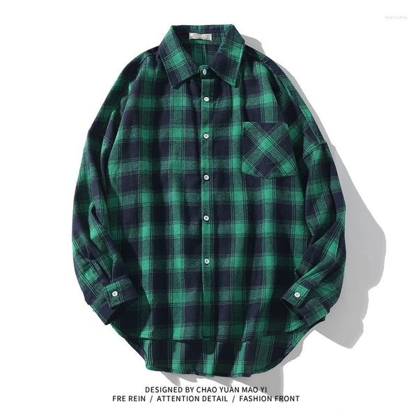 Camicie casual da uomo Abbigliamento da uomo 2023 Camicia oversize con bottoni sul davanti Corta sul retro Lungo da uomo Autunno Trendy Brand Style Sleeve Plaid