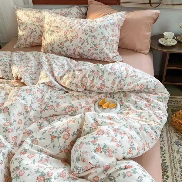 Conjuntos de cama INS Estilo Coreano Rosa Rosa Conjunto de Cama Twin Full Queen King Size Roupa de Cama para Meninas Floral Lençol Plana Kawaii Z0612