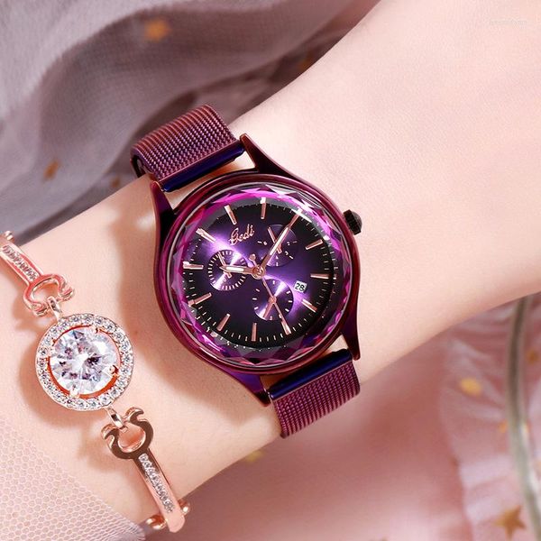 Нарученные часы модные фиолетовые женщины смотрят стильные 30 -метровые водонепроницаемые повседневные платья часы из нержавеющей стали Lady Gedi