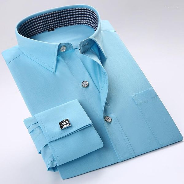 Camisas casuais masculinas 2023 camisas masculinas manga longa de qualidade abotoaduras francesas smoking marca masculina ajuste fino branco botão punho