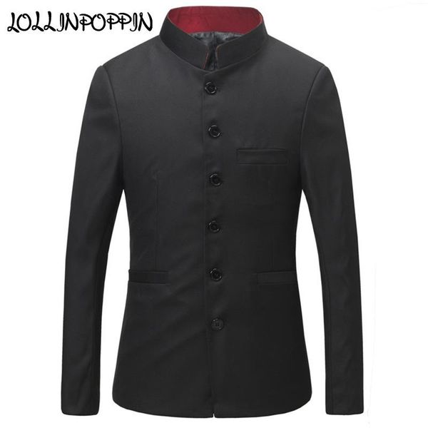 Blazers homens preto túnica terno jaqueta mandarim vermelho gola estilo chinês único breasted faculdade uniforme casaco masculino outerwear