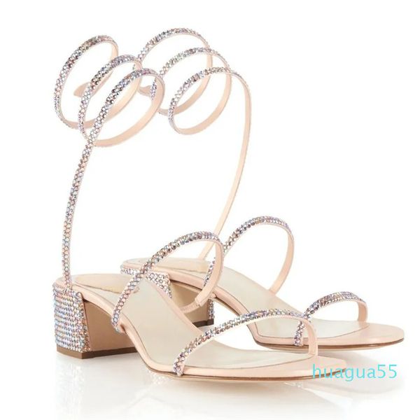 Designer-Romantik-Sandalen, Schuhe für Damen, niedrige Absätze, Weiblichkeit, Glitzersohle, Pumps, klassische Wickel-Kristalle, Brautparty, Hochzeit, High Heels