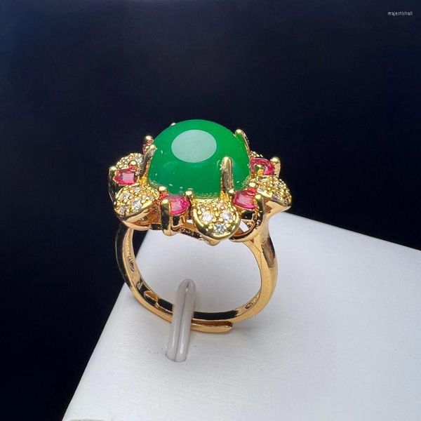 Fedi Nuziali Agata Verde Anello Dito Fascino Semplice Colore Oro Fiore Regolabile Pietra Di Rame Con Zircone Per Le Donne