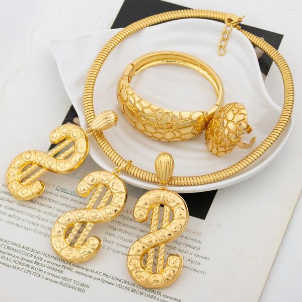 Collana Orecchini Set Dubai Classic Jewelry For Women Luxury Gold Color Dollars Orecchino Ciondolo Bangle Anelli Fashion Wedding Party