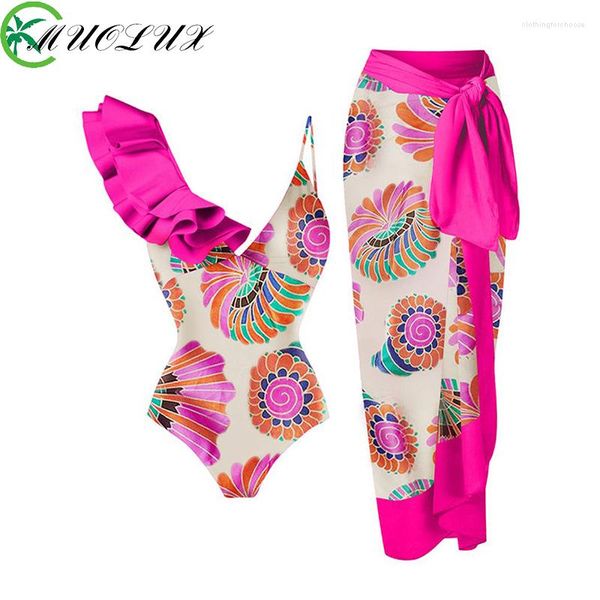 Costumi da bagno da donna MUOLUX 2023 Costume intero da donna Sexy Luxury Ruffle Print Cover Up Beachwear Monokini Costume da bagno Gonna Body