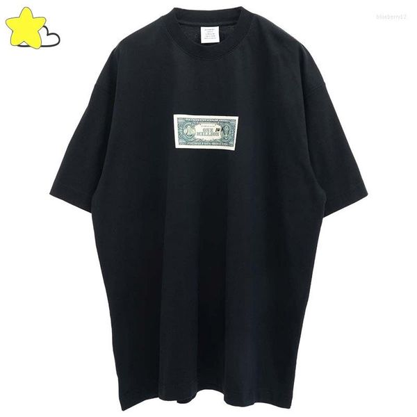 Camisetas masculinas High Street com impressão de notas nas costas pequena com logotipo bordado Vetements Camisa masculina feminina de algodão Preto branco