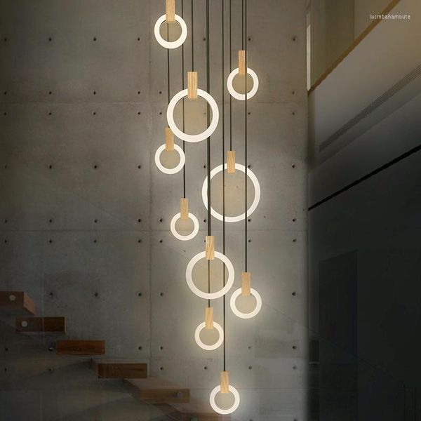 Kronleuchter Nordic Wohnzimmer Decke Anhänger Lampen Schlafzimmer Acryl Ringe Leuchten Holz Hängen Lichter Moderne LED Treppen Kronleuchter Beleuchtung