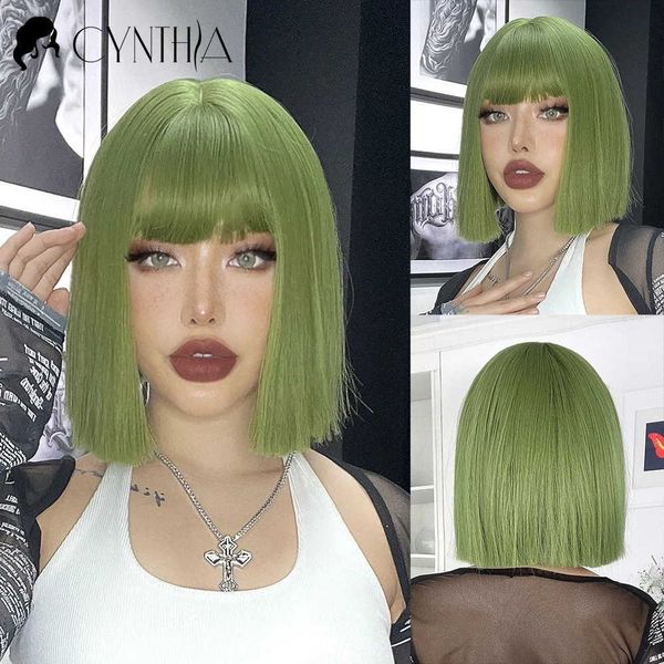 Lace Wigs Green Curto Bob Hair Peruca Sintética Para Mulher Com Franja Loira Ombre Rosa Cosplay Lolita Party Resistente Ao Calor Cabelo Natural Diário Z0613