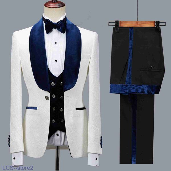 Ternos masculinos Blazers New Arrival Floral Men Suit Slim Fit Casamento Smoking Azul Marinho Veludo Lapela Noivo Festa Traje Homme Groomsman Blazer