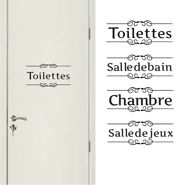 Toilette Bagno Camera da letto Sala giochi Segno d'ingresso Adesivi per porte per la decorazione domestica Fai da te Vinyl Wall Art Word Decals Versione francese