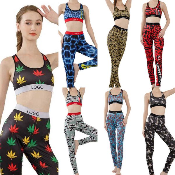 Designer-Frauen-Trainingsanzüge, zweiteilig, Yoga-BH-Set, sexy Crop-Top-Weste, Patchwork-Haifisch-Camouflage-Druck, Fitness-Sportanzug