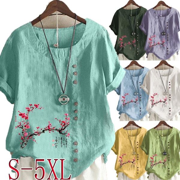 Camiseta verão moda feminina roupas em torno do pescoço waterink pinturas impressas camisa de manga curta blusa casual estilos chineses topos