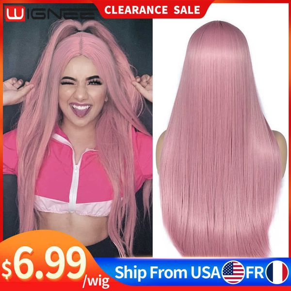 Lace Wigs Wignee Rosa Cabelo Longo Liso Peruca Sintética Para Mulheres Cosplay Peruca Parte do Meio Rosa Diariamente/Festa Resistente ao Calor sem cola Perucas de Cabelo Z0613