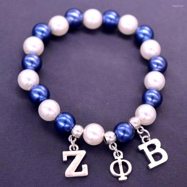 Charm Bracelets Stretch Branco Azul 10 Mm Contas Pérolas Letras Gregas Zeta Phi Beta ZOB Sociedade Jóias Femininas