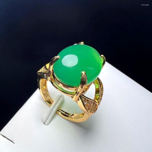 Fedi Nuziali Agata Verde Anello Dito Fascino Semplice Colore Oro Regolabile Pietra Rotonda Di Rame Con Zircone Per Le Donne