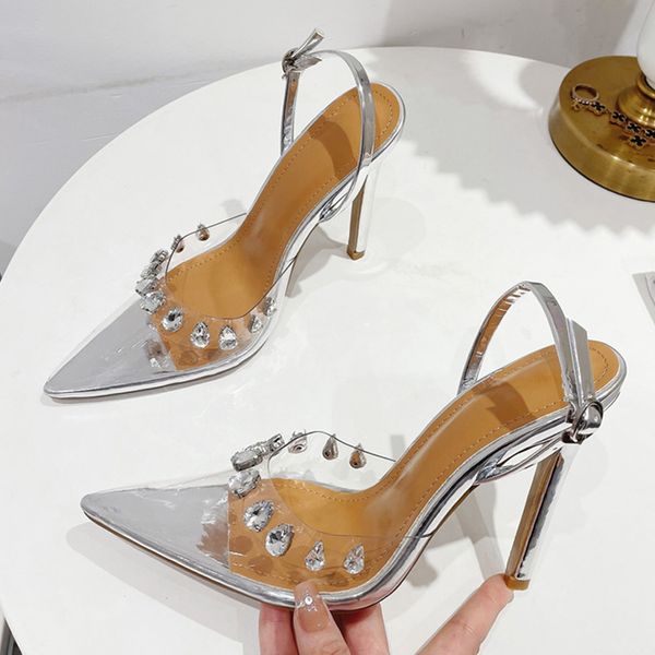 Liyke Fashion Brand Women Pumps Crystal Rivet PVC Transparente High Heals Slingback Sandals Party Wedding Clear Shoes Size 35-42