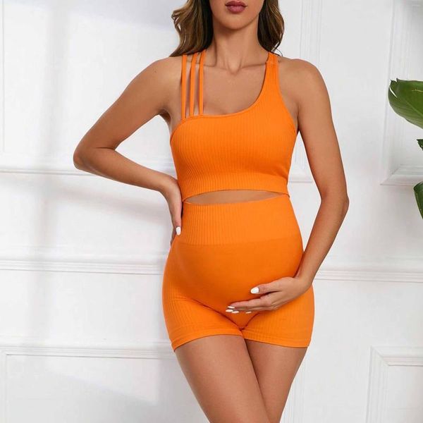 Conjuntos ativos de 2 peças sem costura com nervuras conjunto de ioga maternidade para mulheres sutiã embutido cintura alta elasticidade shorts de gravidez
